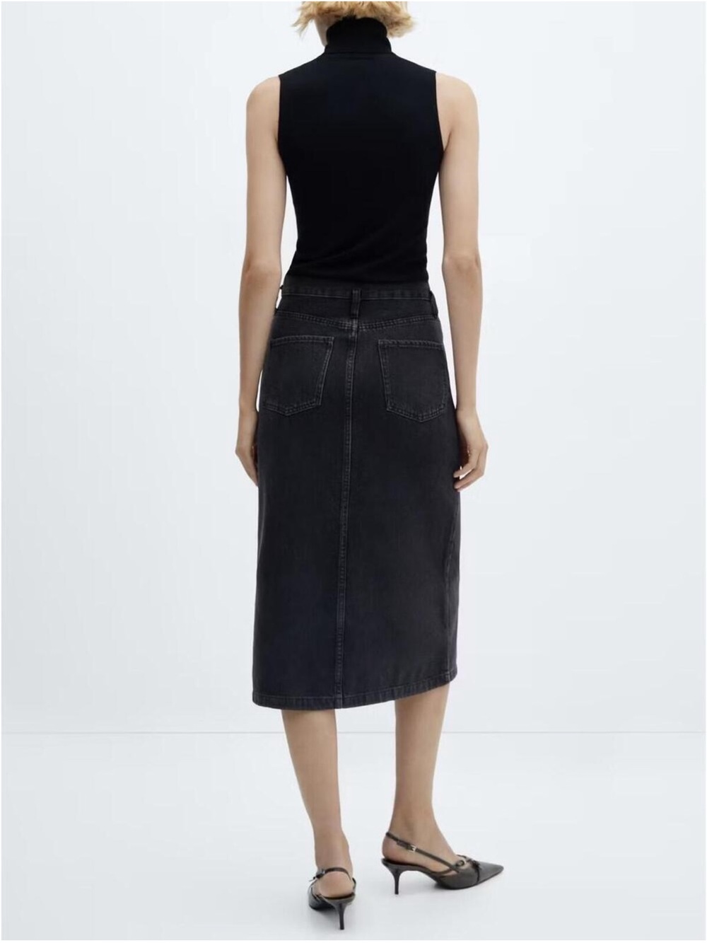 Mango Black Front Slit  High-Waist Midi Denim Classic Skirt size Medium - Picture 2 of 8